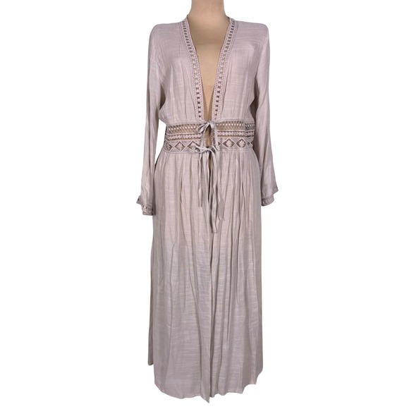 Rebellion Again Dresses & Skirts - Rebellion Again Beige Lace Trimmed Tie Front Boho Kimono Duster Lrg Beach Cover